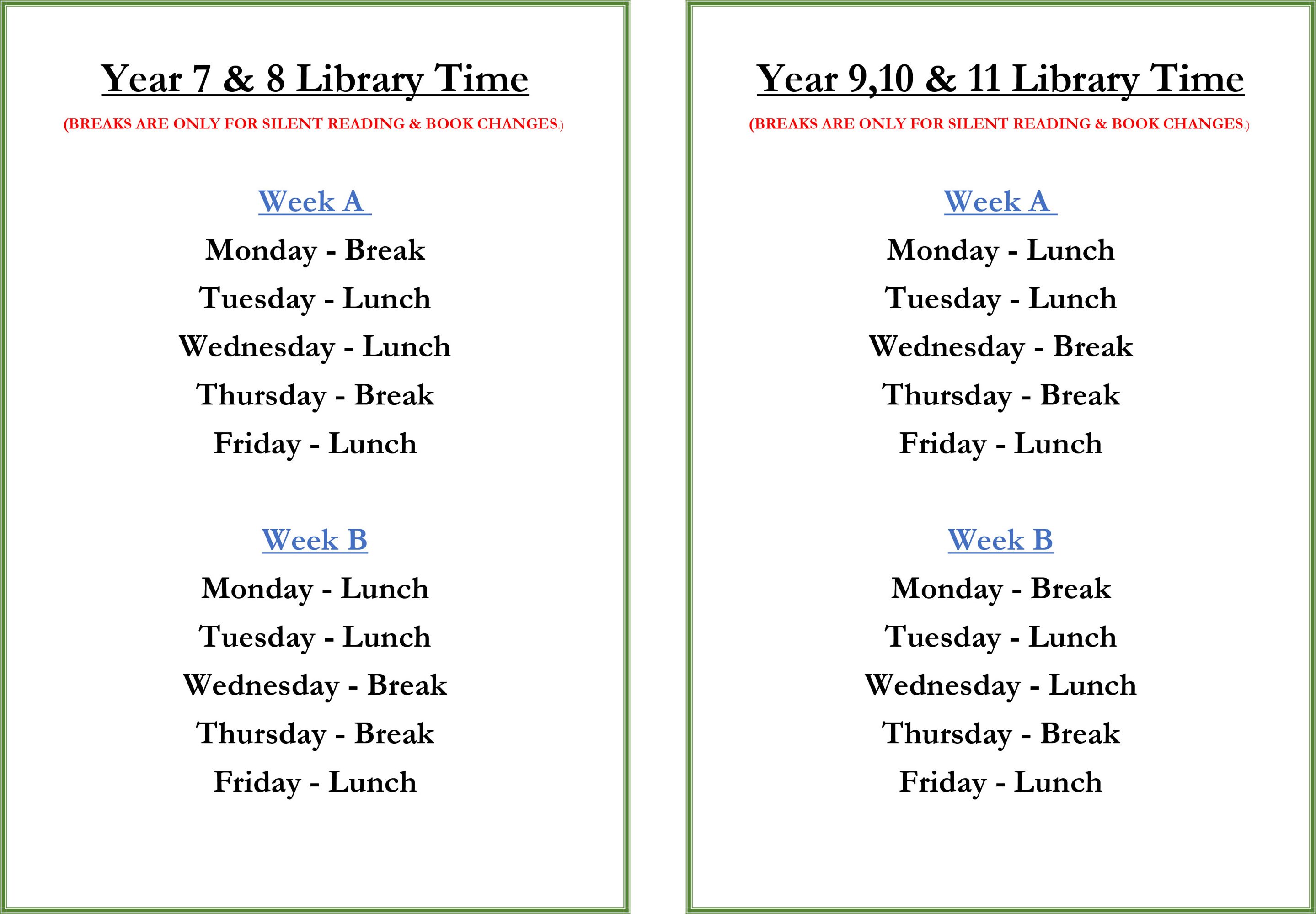 Library Breaks ALL By Year group 24 25